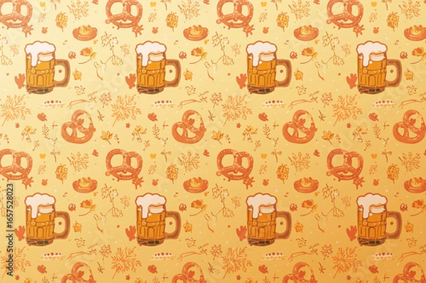 Fototapeta Oktoberfest pattern with beer mugs and pretzels on a golden background.