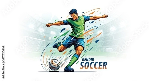 Obraz Powerful Football Striker in Green and Blue Kicks with Abstract Energy Trails