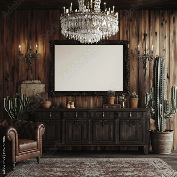 Fototapeta Western Gothic rustic interior buffet table featuring wooden walls a large empty poster mockup focal point crystal chandeliers up high Deep brown leather furniture