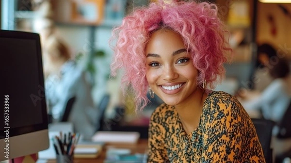 Obraz Happy mixed-race woman with pink hair working at a desktop computer, smiling and bonding with colleagues in a creative agency office. This image emphasizes the value of DEIB, Generative AI