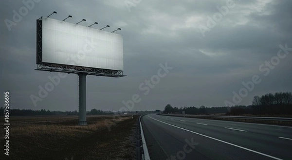 Fototapeta Empty advertising billboard mockup standing beside a lonely highway under a dramatic and cloudy sky.