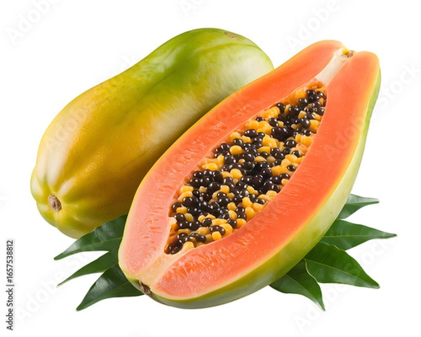Fototapeta Fresh Papaya Fruit, Whole and Sliced, on transparent background. AI Generated 