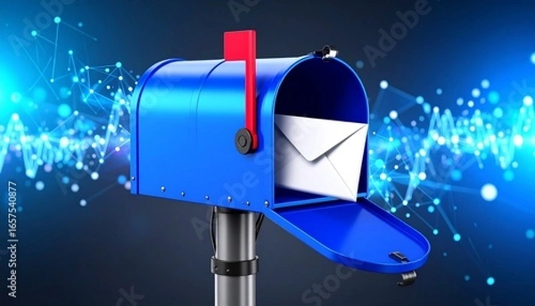 Fototapeta Blue Mailbox with Envelope on Futuristic Background – Digital Communication Concept