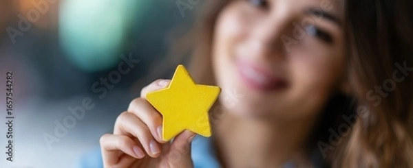 Fototapeta Businesswoman holding a vibrant yellow star, symbolizing a five star rating, while expressing positive feedback and satisfaction