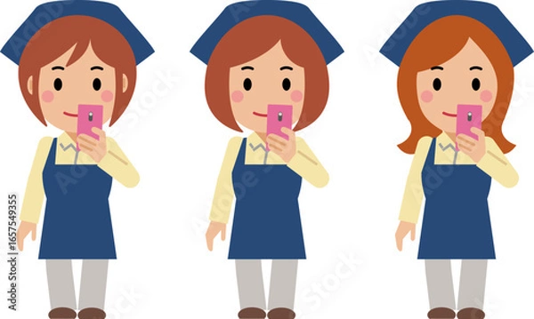 Fototapeta スマホを見る紺色エプロンの若い女性