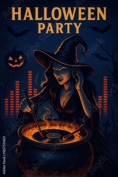 Fototapeta A witch in a pointed hat stirs a glowing cauldron shaped like a vinyl record player while DJing at a Halloween party with bats, pumpkins, and audio bars