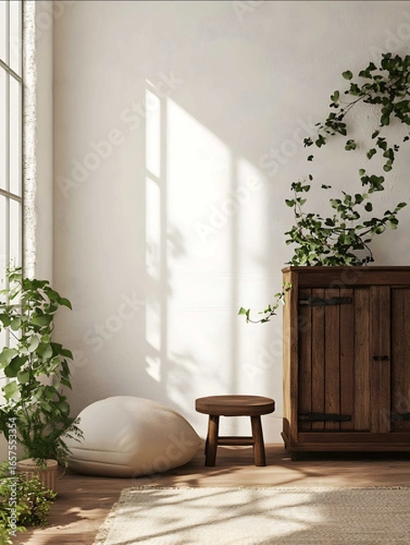 Fototapeta Next to the low legged table is a cabinet surrounded by small green plants with a white wall as the background and a blank space in the bottom left corner for desi