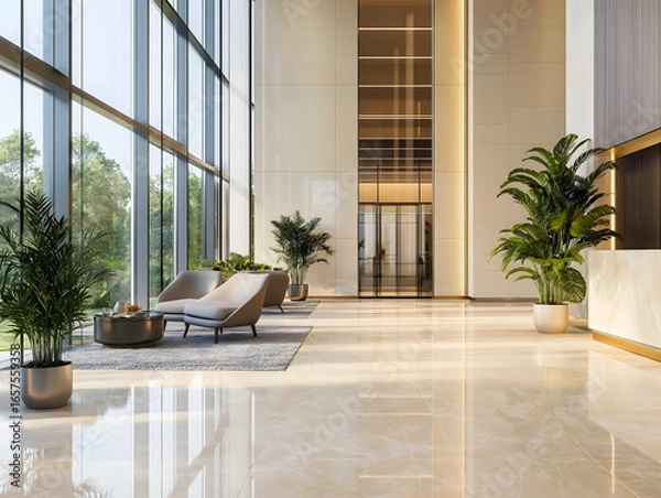 Fototapeta A stunning modern lobby with an emphasis on the flooring The floor is made of polished tiles either marble or porcelain featuring a sleek geometric or uniform desi