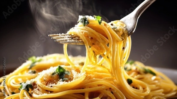 Fototapeta Close-up of steaming spaghetti pasta with herbs and grated cheese on a fork.