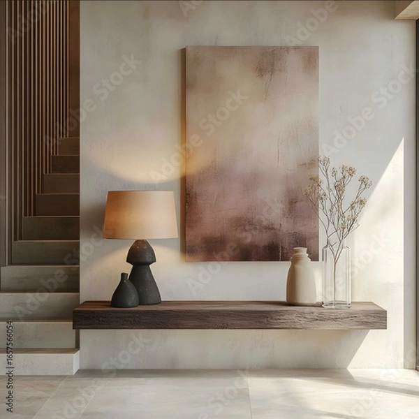 Fototapeta elegant home entrance in contemporary style The picture should show an offwhite wall with a light beige tiled floor On a modern wooden console set against the wall