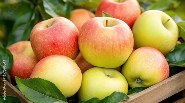 Fototapeta Freshly harvested apples arranged in a wooden crate surrounded by lush green leaves