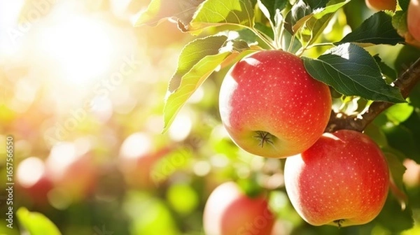 Fototapeta Bright red apples hanging on a tree in a sunlit orchard during harvest season