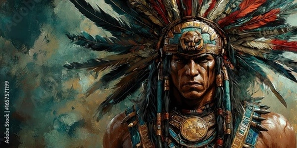 Fototapeta Man wearing elaborate feathered headdress and chest armor with turquoise, red, brown details standing outdoors with others behind. Generative by AI.