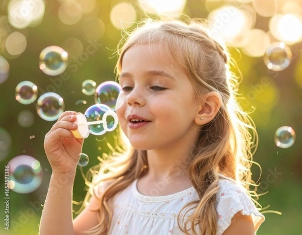 Fototapeta Little girl blowing bubbles in a sunny outdoor setting, enjoying playful fun and childhood joy