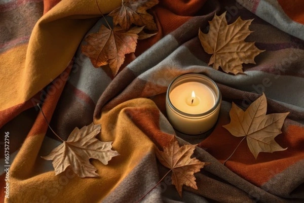 Obraz Cozy autumn scene with candle and falling leaves