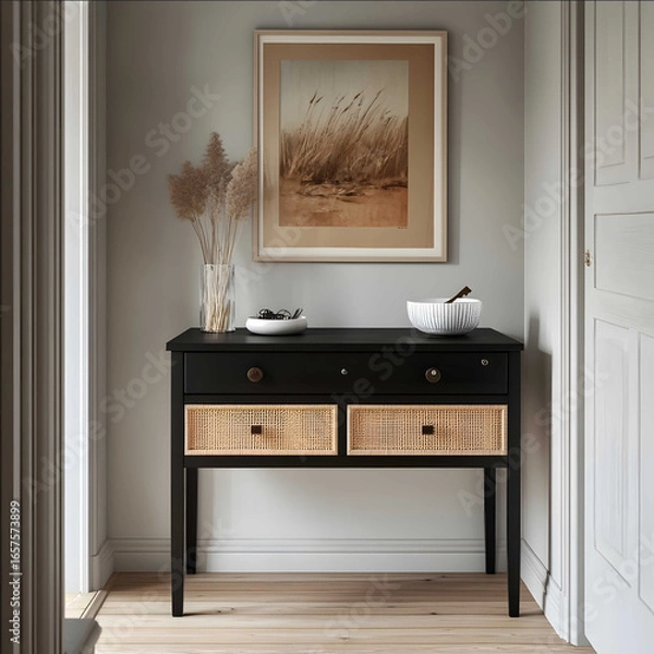 Fototapeta a black desk with rattan drawers standing in a hallway with a few painting and white decorative bowl holding keys on it
