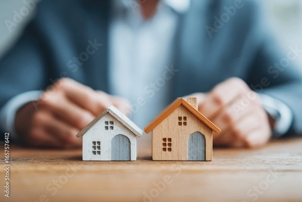 Obraz Real estate investment insights analyzing miniature houses on a desk business environment professional viewpoint property concepts