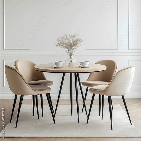 Fototapeta Beige dining chairs with black legs a round fabric and wood table in the middle of an empty room white walls a carpet on the floor a vase with coffee cup flowers a