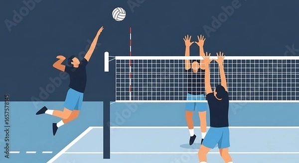 Fototapeta Illustrative Representation of a Volleyball Match with Players in Action and Net