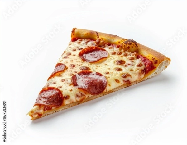 Obraz Fresh Pizza Slice with Cheese and Toppings on White Background