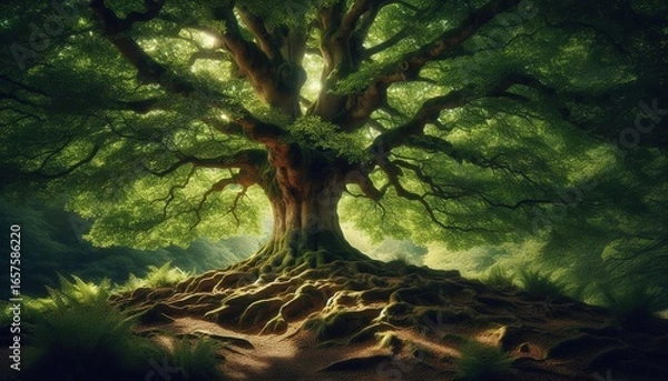 Obraz Tree in the forest woods landscape lake spring sun rays lighting dramatic