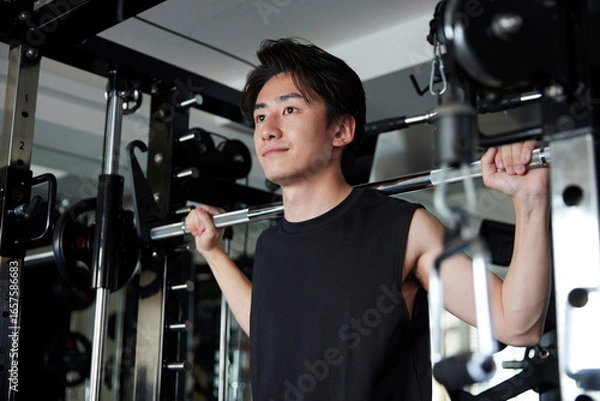Fototapeta フィットネスジムで筋力トレーニングを行うスポーツウェアを着た若い日本人男性