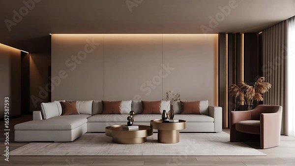 Fototapeta Luxurious modern living room with sectional sofa accent chair and stylish coffee table illuminated by soft lighting