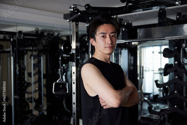 Fototapeta スポーツジムにてスポーツウェアを着た若い日本人男性のポートレート
