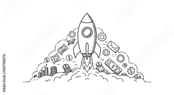 Obraz A rocket ship launching with money and business icons surrounding it silhouette