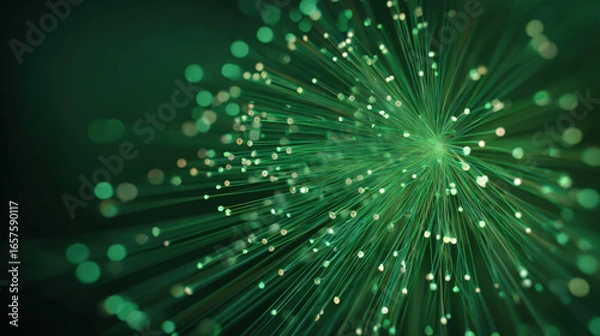 Fototapeta Radial green glowing rays with bokeh circles on dark gradient background for big data visualization and green tech wallpaper
