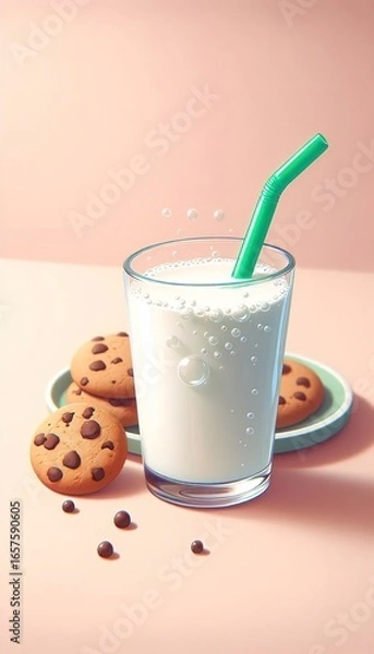 Obraz Glass of milk with cookies chocolate chips snack food delicious 3d illustration