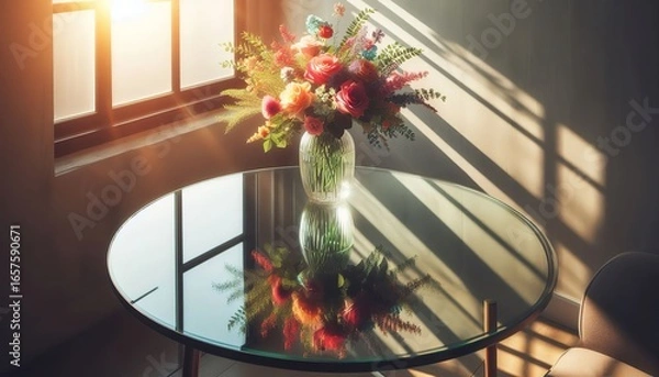 Obraz Lighting sun over glass table and flower vassel concept furniture luxury and shadow