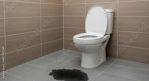 Fototapeta A white toilet in a bathroom with a dark water leak on the tiled floor, indicating a plumbing problem or overflow