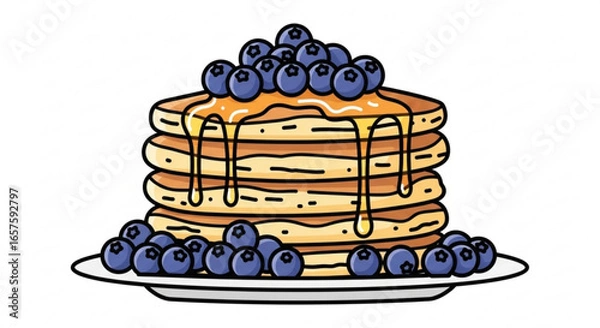 Fototapeta Delicious blueberry pancakes stack with syrup breakfast food illustration vector graphic design image