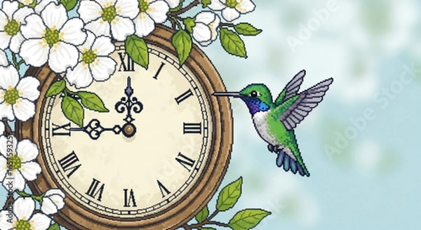 Fototapeta Hummingbird and clock with flowers vector art illustration for spring time design and nature lovers project