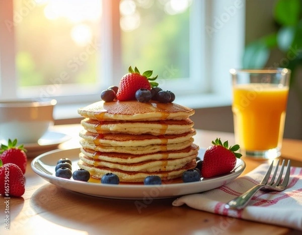 Obraz Fluffy Pancakes with Fresh Berries and Maple Syrup on Breakfast Table