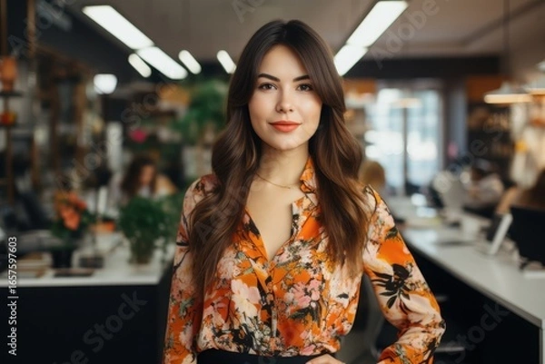 Fototapeta A confident woman stands in an open office environment, dressed in a vibrant floral blouse. Her warm smile and stylish attire complement the busy workspace filled with co-workers