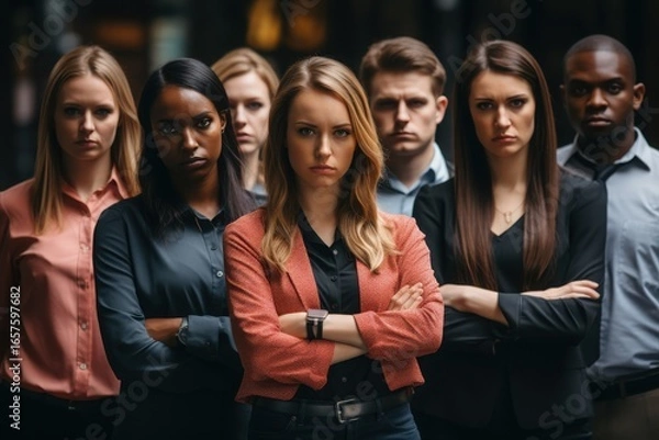Fototapeta A group of eight professionals with varied backgrounds display a serious demeanor while standing close together in an urban environment. The focus is on their confidence and unity