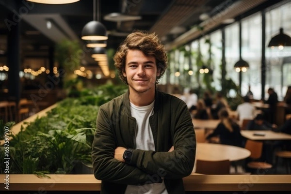 Fototapeta A young man with curly hair poses with crossed arms in a vibrant café. Lush plants decorate the space, enhancing the lively atmosphere filled with patrons enjoying their time