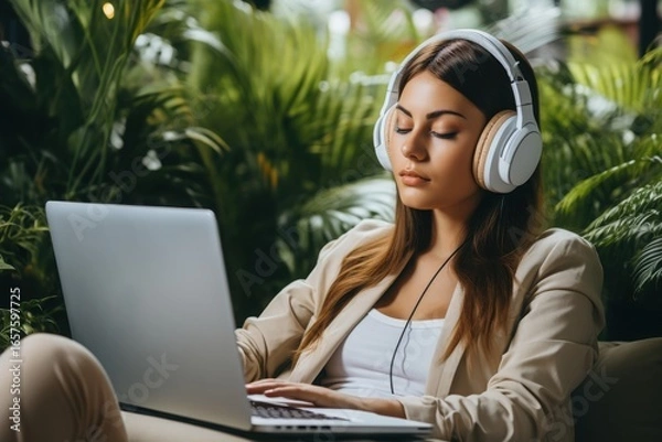 Fototapeta Individual is focused on her laptop while wearing headphones in a vibrant indoor garden, surrounded by greenery, suggesting a relaxing workspace atmosphere