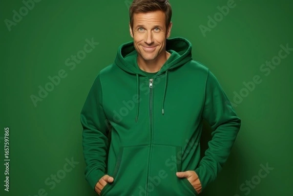 Fototapeta A man stands confidently with a friendly smile, wearing a green hoodie. His hands are casually tucked into the pockets as he poses against a vibrant green backdrop, creating a cheerful atmosphere
