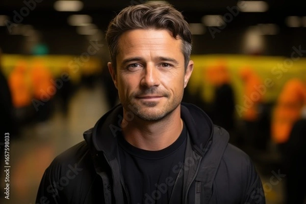 Fototapeta A man stands confidently with a slight smile in a workplace bustling with activity. Dressed in casual attire, he is surrounded by coworkers engaged in tasks, illuminated by soft lighting