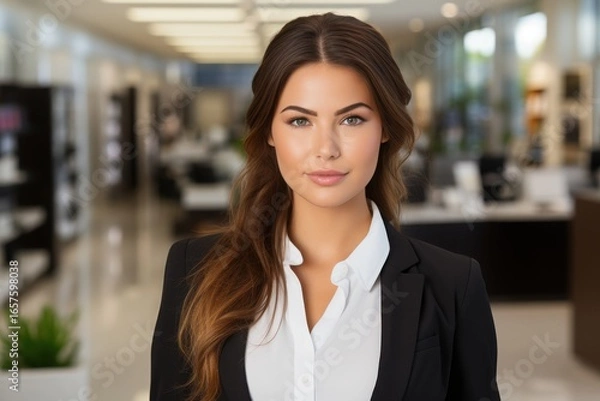 Fototapeta A poised woman stands confidently in a sleek office space, dressed in formal attire. The bright environment features large windows and stylish decor, ideal for business meetings