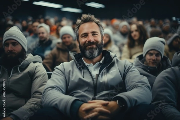 Fototapeta An enthusiastic crowd gathers in a dimly lit theater to watch a captivating film about winter sports and outdoor activities, creating an electrifying atmosphere filled with excitement