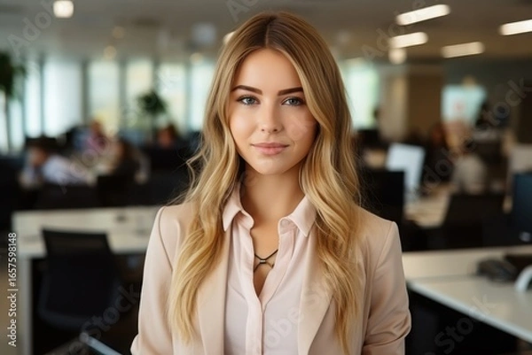 Fototapeta A young woman stands confidently in a contemporary office filled with desks and colleagues working. She wears a stylish suit and maintains a friendly expression while looking directly at the camera