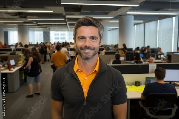 Fototapeta A busy office features numerous employees engaged in various tasks. A man in a collared shirt stands in the foreground, smiling. Natural light fills the space, enhancing productivity