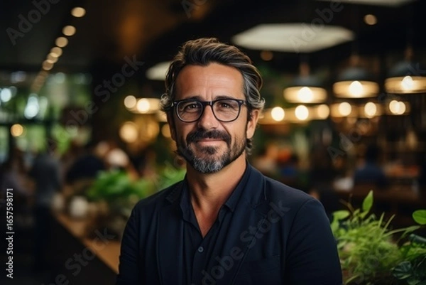 Fototapeta A confident middle-aged man with glasses and a stylish beard stands in a contemporary cafe filled with greenery and warm lighting. It is early evening, creating a cozy atmosphere