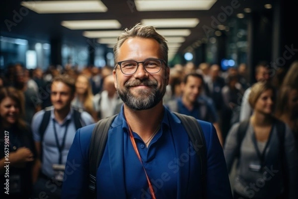 Fototapeta Engaged participants fill a bustling corridor at a professional conference, exchanging ideas and making connections. The energy reflects enthusiasm for networking and learning