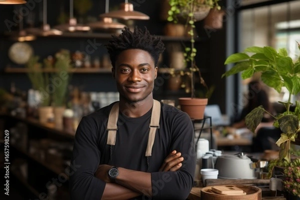 Fototapeta A barista stands confidently with crossed arms, showcasing a warm smile. The coffee shop is filled with greenery and natural light, creating a welcoming atmosphere