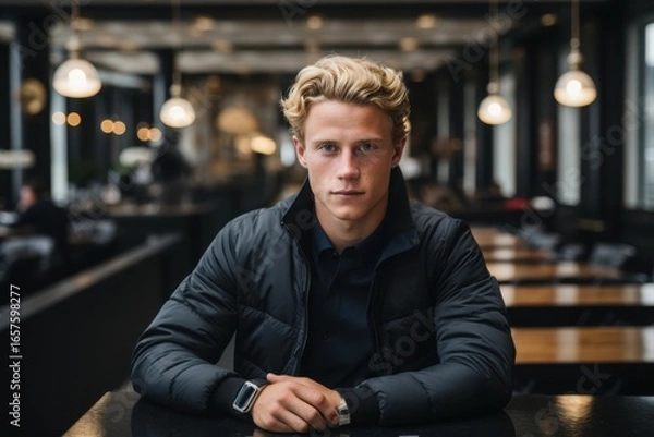 Fototapeta A young man with blond hair sits at a table in a stylish cafe, wearing a black jacket. He gazes confidently at the camera, surrounded by ambient lighting and modern decor